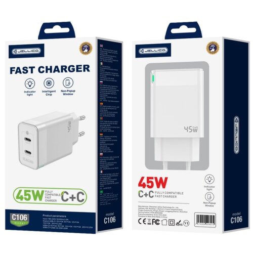 Jellico adapter C106 hišni polnilec GaN QC / PD 45W vhod 2x Type C - Original (EU Blister) - bel Cene