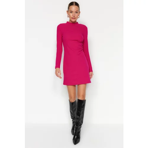 Trendyol Fuchsia Stand-Up Collar, Fitted, Knitted Mini Dress with Pleats
