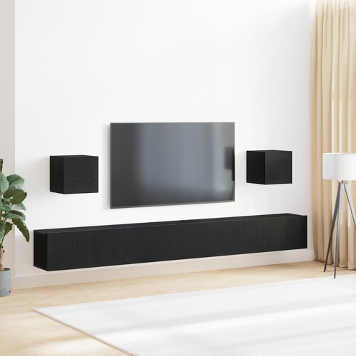 vidaXL 7 delni set TV omaric črni hrast inženirski les, tv omarice na steni (set 2) - črni hrast, 80x30x30 cm, iz inženirskega lesa, črna hrastna TV omarica za montažo na steno 100x30x30 cm iz inženirskega lesa, TV omarice za montažo na steno 2 kosa črni hrast 30.5x30x30 cm Cene