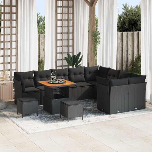 VidaXL Set vrtnih sofa od 12 komada s jastucima Crni Poli ratan Akacija, Set vrtne blagovaonice od 3 komada s jastucima Crni Poli ratan Akacija Slike
