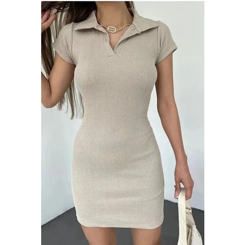 Dewberry 35605 Polo Neck Dress with Short Sleeves-BEIGE Slike