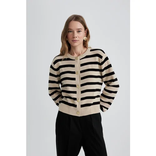 Defacto Regular Fit Striped Crew Neck Cardigan