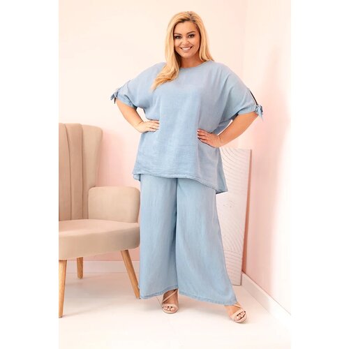 Kesi Włoski Plus Size women's set made of Tencel, tie-front blouse and wide-leg pants light denim Cene