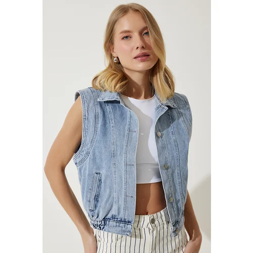  Women's Blue Wide Sleeve Denim Vest