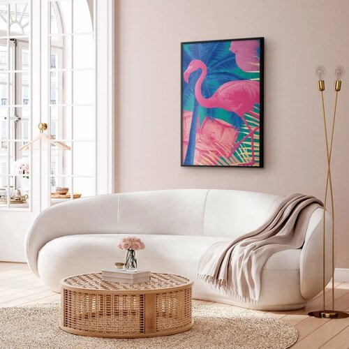  Plakat - Pink Flamingo - abstract flamingo against a background of palm trees and ice cubes 60x90 Crni okvir Slike
