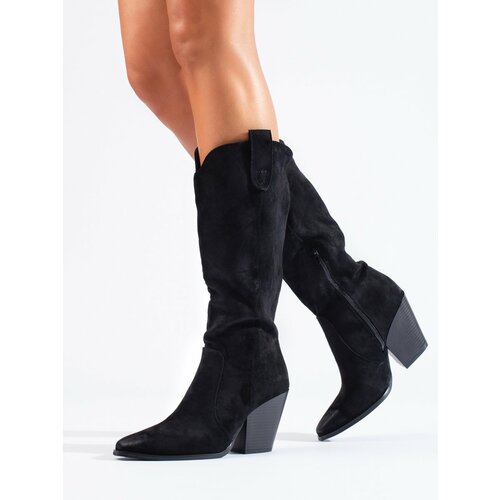 SHELOVET Black suede women's heeled cowboy boots Cene