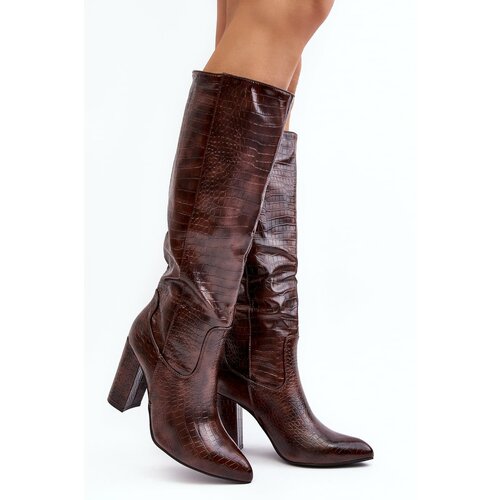 Kesi Women's high-heeled boots, insulated, snake pattern, brown Delul Slike