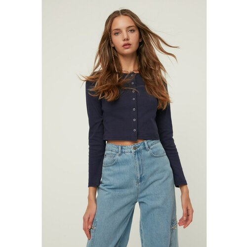 Trendyol navy blue crop knitted top with snaps Slike