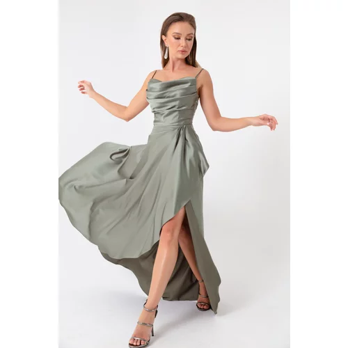 Lafaba Women's Khaki Evening Dress &; Prom Dress with Ruffles and a Slit in Satin