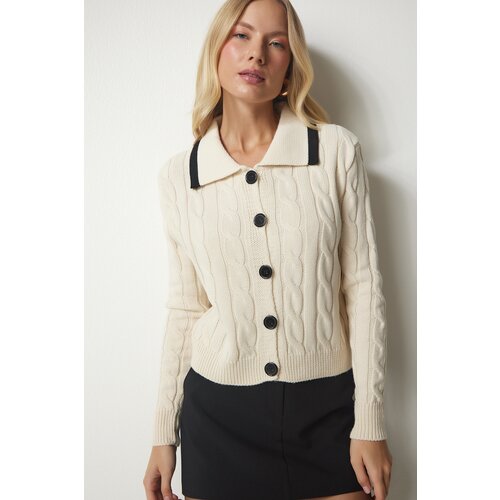 Happiness İstanbul Women's Cream Knit Patterned Knitwear Cardigan with One Button Slike