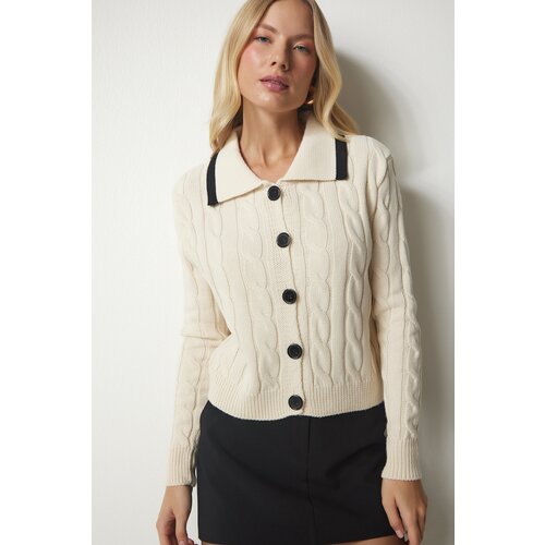  Women's Cream Knit Patterned Knitwear Cardigan with One Button Cene