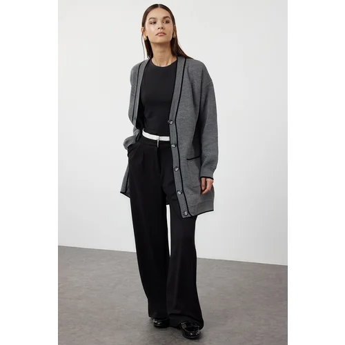 Trendyol Anthracite Contrast Piping Detailed Knitwear Cardigan