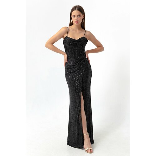 Lafaba Women's Black Underwire Corset Detailed Sequined Long Slit Evening Dress. Slike
