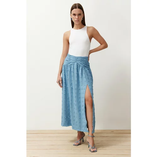 Trendyol Blue Textured Front Slit Detailed Midi Length Woven Skirt