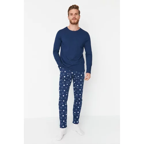 Trendyol Navy Blue Men's 100% Cotton Regular Fit Printed Knitted Pajamas Set