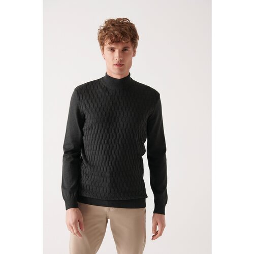 Avva Men's Anthracite Knitwear Sweater Half Turtleneck Front Textured Cotton Standard Fit Regular Cut Slike