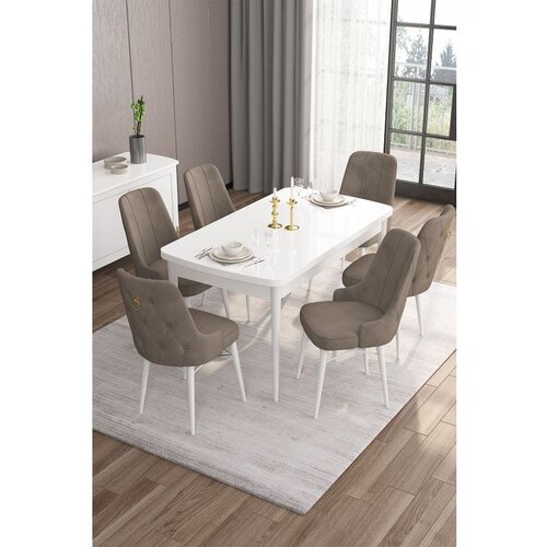Hanah home Are - White, Cappuccino WhiteCappuccino Extendable Dining Table & Chairs Set (7 Pieces) Cene