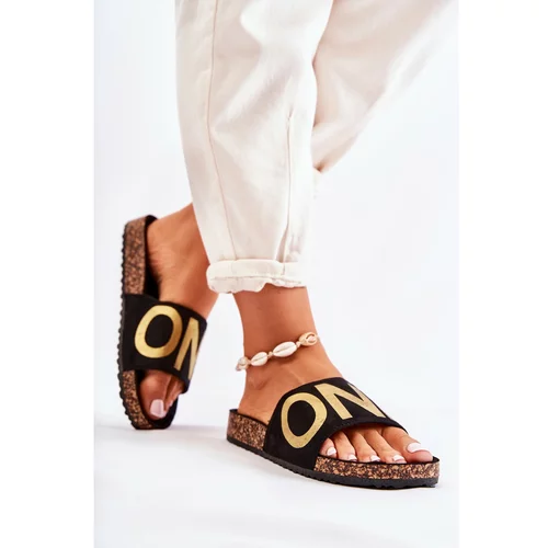 Kesi Classic Slip-On Slippers With Inscription Black and Gold Bahari
