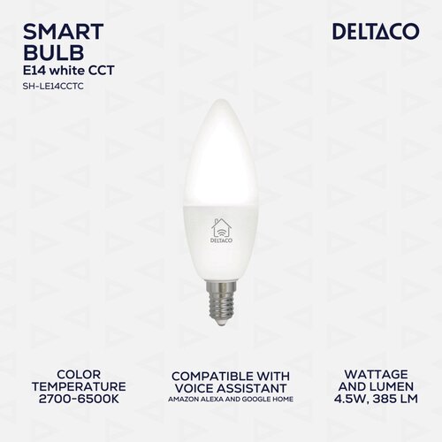 Deltaco SMART HOME LED žarnica, E14, WiFI 2.4GHz, 5W, 470lm, zatemnitev, 2700K-6000K, 220-240V, BELA Cene