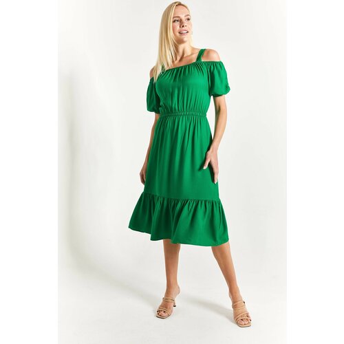 armonika Women's Dark Green Elastic Waist Strap Dress Slike