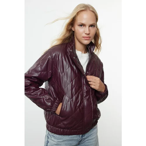 Trendyol Claret Red Oversize Molded Faux Leather Quilted Coat