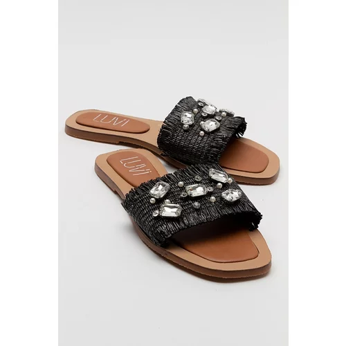 LuviShoes NORVE Women's Black Straw Stone Slippers