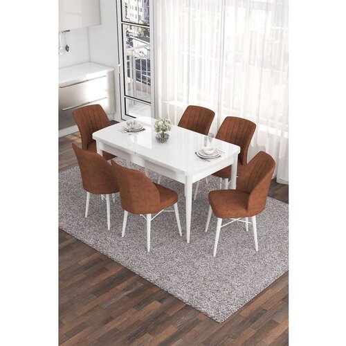 Hanah home Eva - White, Tile Red WhiteTile Red Extendable Dining Table & Chairs Set (7 Pieces) Cene