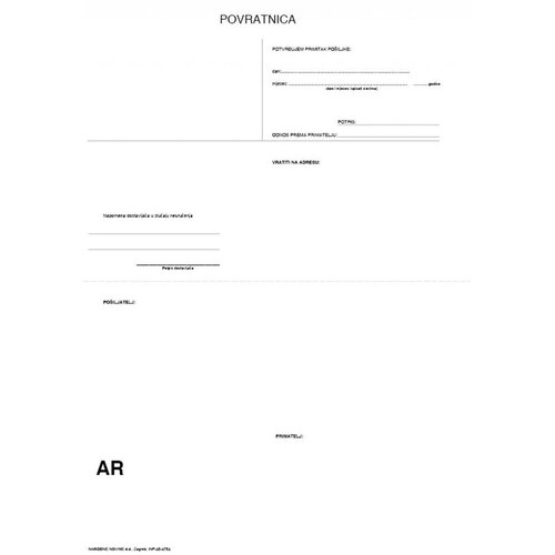 NARODNE NOVINE - EOP OBRASCI Kuverta s povratnicom bijela 210X 12"(6") 0+vrećica M 60, kutija 750 kompleta Cijene