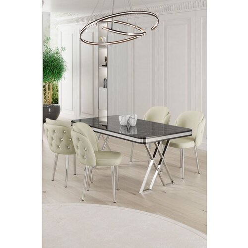 Hanah home Rigel - Black Marble, Chrome, Cream Black MarbleChromeCream Dining Table & Chairs Set (5 Pieces) Cene