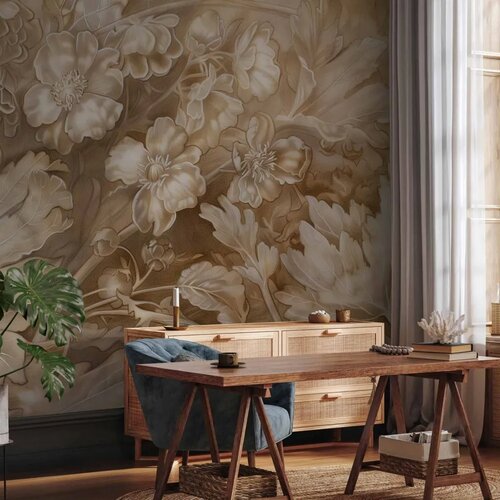  Foto tapeta - Floral Ornaments Carved in Delicate Sepia and Brown Shades 100x70 Slike