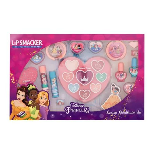 Lip Smacker Disney Princess Beauty Blockbuster Set Set balzam za ustnice 2 x 3,4 g + osvetljevalna krema 4 x 1,2 g in 4 x 0,9 g + glos za ustnice 4 x 2,1 g + lak za nohte 2 x 4,25 ml + paletka rdečil 0,75 g + paletka rdečil in osvetljevalcev 0,75 g + prstan 2 kos + sponka za lase + pilica za nohte + nalepke za nohte