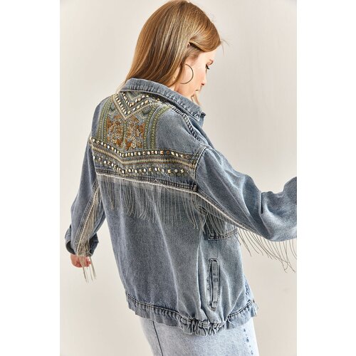 Bianco Lucci Women's Embroidered Stone Embroidered Denim Jacket Cene