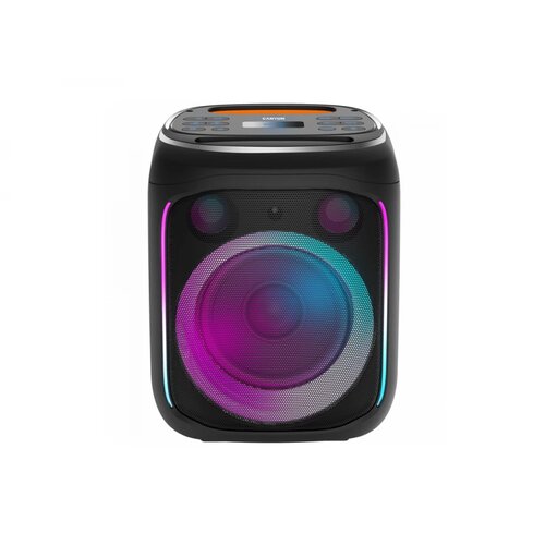 Canyon OnFun 5, Partybox speaker,Spec: speaker drivers: 6.5''+1.5'tweeter Power Output : 40W Lithium Battery : 7.4v 3600mAh Function : AUX+TF+MIC+BT+USB+DSP+EQ+ehco+. Color: Black body,orange handle. Cene