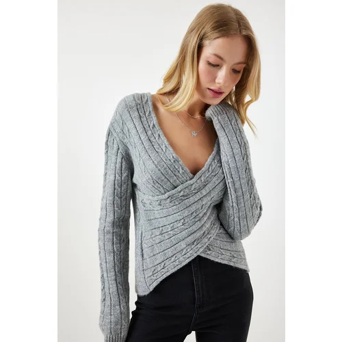  Women's Gray Wrapover Neck Seasonal Knitwear Sweater