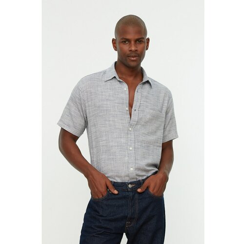 Trendyol Navy Blue Mens Relaxed Fit Shirt Collar Single Pocket Short Sleeve Straw Linen Shirt Slike