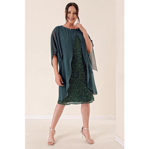 By Saygı Chiffon Cape Lined Stuffed Plus Size Dress Emerald Slike