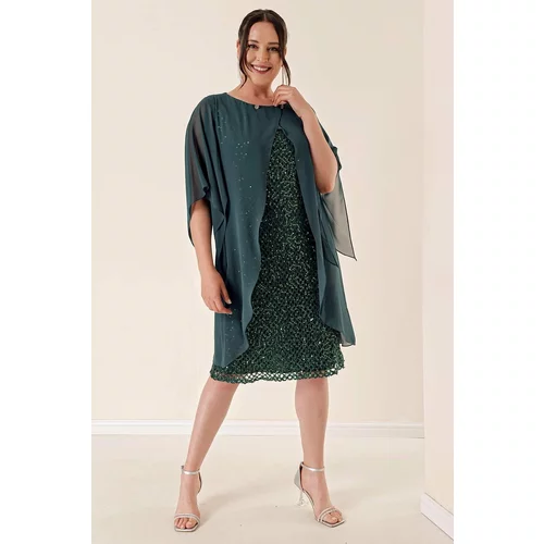 By Saygı Chiffon Cape Lined Stuffed Plus Size Dress Emerald