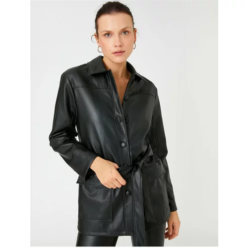 Koton Oversized Leather-Look Jacket with Shirt Collar With Belt