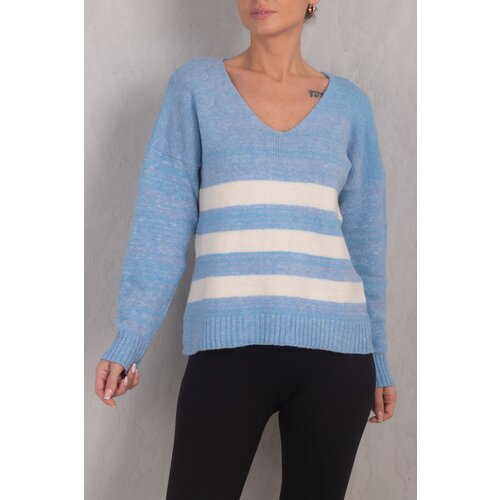armonika Women's Blue Lily V-Neck Striped Knitwear Sweater Cene
