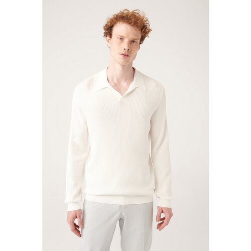 Avva Men's White Buttonless Polo Collar Textured Rayon Standard Fit Regular Cut Knitwear Slike