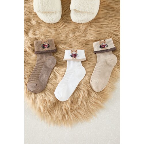 Trendyol Brown-White-Beige 3-Pack Teddy Bear Jacquard Knitted Socks Slike