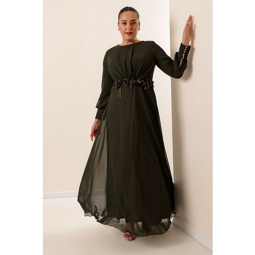 By Saygı Lined Long Chiffon Dress with Floral Detailed Waist Wide Sizes Dark Indigo. Slike