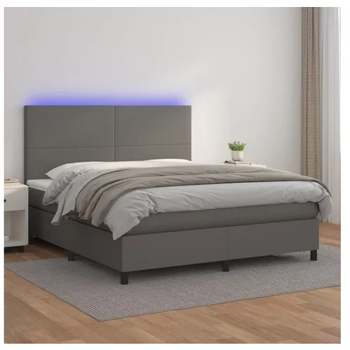  Box spring postelja z vzmetnico LED siva 180x200cm umetno usnje