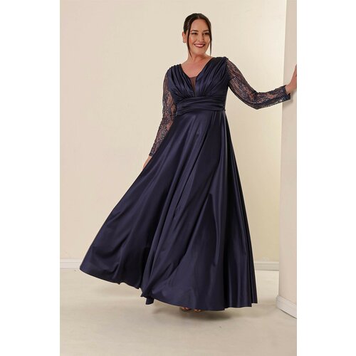 By Saygı Navy Blue Plus Size Long Satin Evening Dress with Tulle Shimmer Detailed Front Pleats. Cene