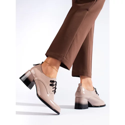 SHELOVET Lacquered tied beige heeled shoes