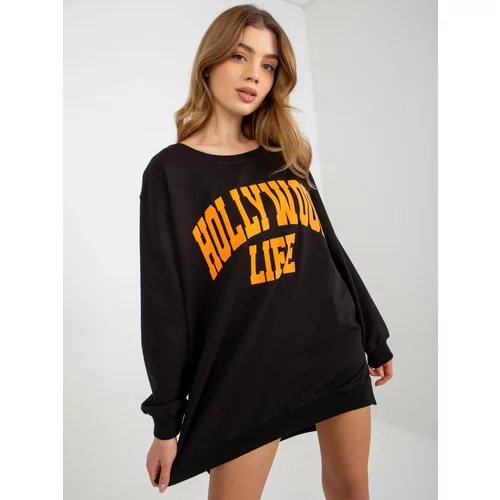 Fashion Hunters Black-and-orange oversized long sweatshirt with slogan