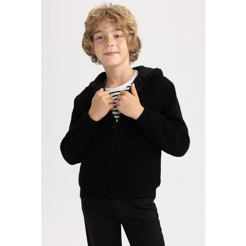 Defacto Boy's Black Hooded Knitwear School Cardigan