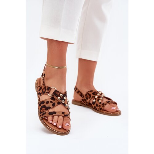 Boto Womens sandals on flat heel with golden studs leopard print Zanira Slike