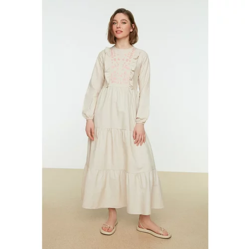 Trendyol Beige Ruffle Detailed Embroidered Woven Dress