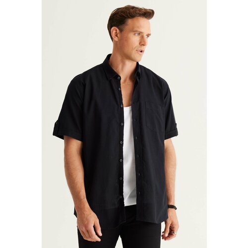 AC&Co / Altınyıldız Classics Men's Black Comfort Fit Button-down Collar Linen Look 100% Cotton Short Sleeve Shirt. Slike